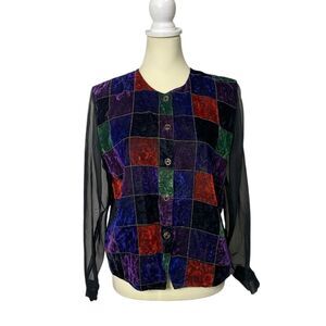 Vintage Bedford Fair Velvet Patchwork Sheer Sleeve Blouse Women's Size  12P
